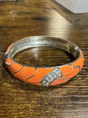 Orange Enamel Hinged Bangle Bracelet Rhinestone Accent Statement